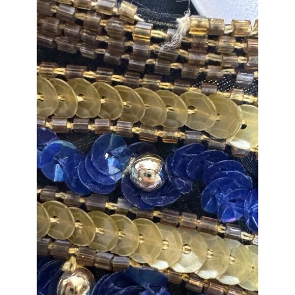 Vintage 80s Silk Beaded Sequin Dress Black Gold Blue Paisley Cocktail Party 2X - Picture 8 of 14